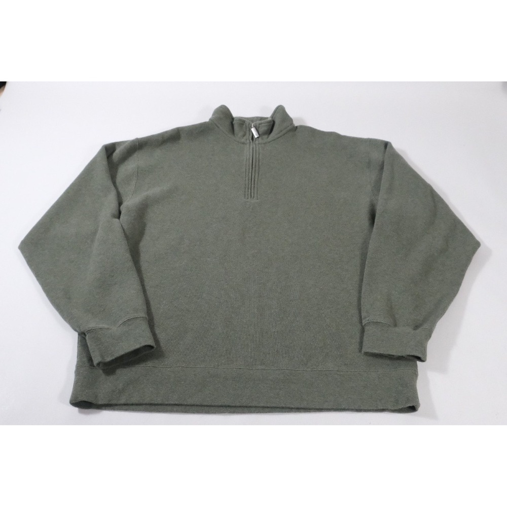 Orvis Pullover Mens Large Green Quarter Zip Mock Neck Cotton Sweater Ribbed Trim
